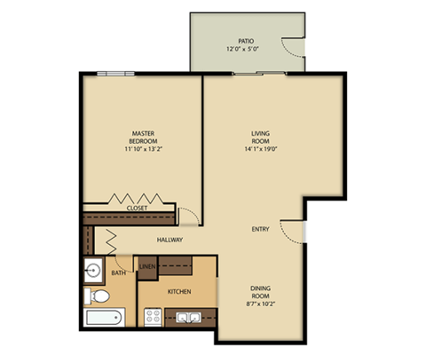 Floor plan for 1 bed, 1 bath, 725 sqft
